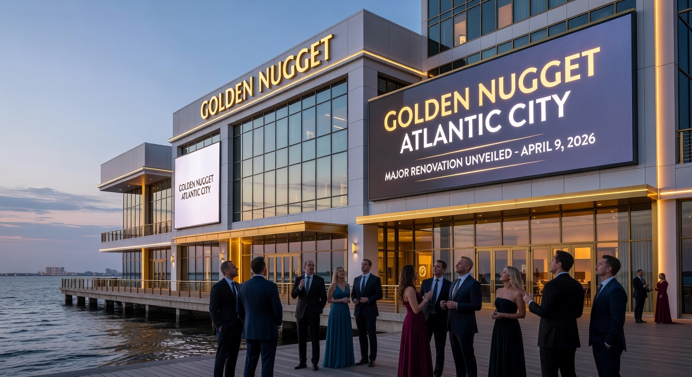 Interior view of the newly renovated Lightning Link Lounge at Golden Nugget Atlantic City, filled with glowing Aristocrat slot machines and excited players on opening day April 9, 2026