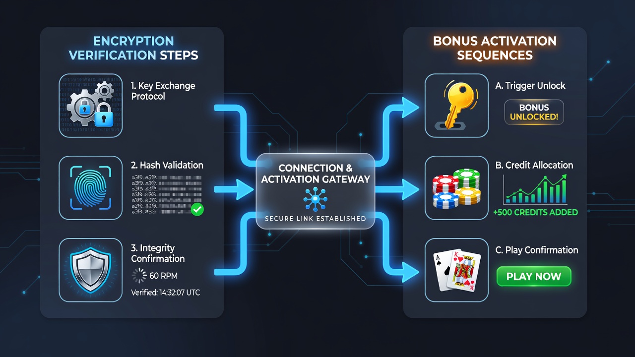 Flowchart illustrating secure bonus activation sequence following encryption verification in mobile poker environments