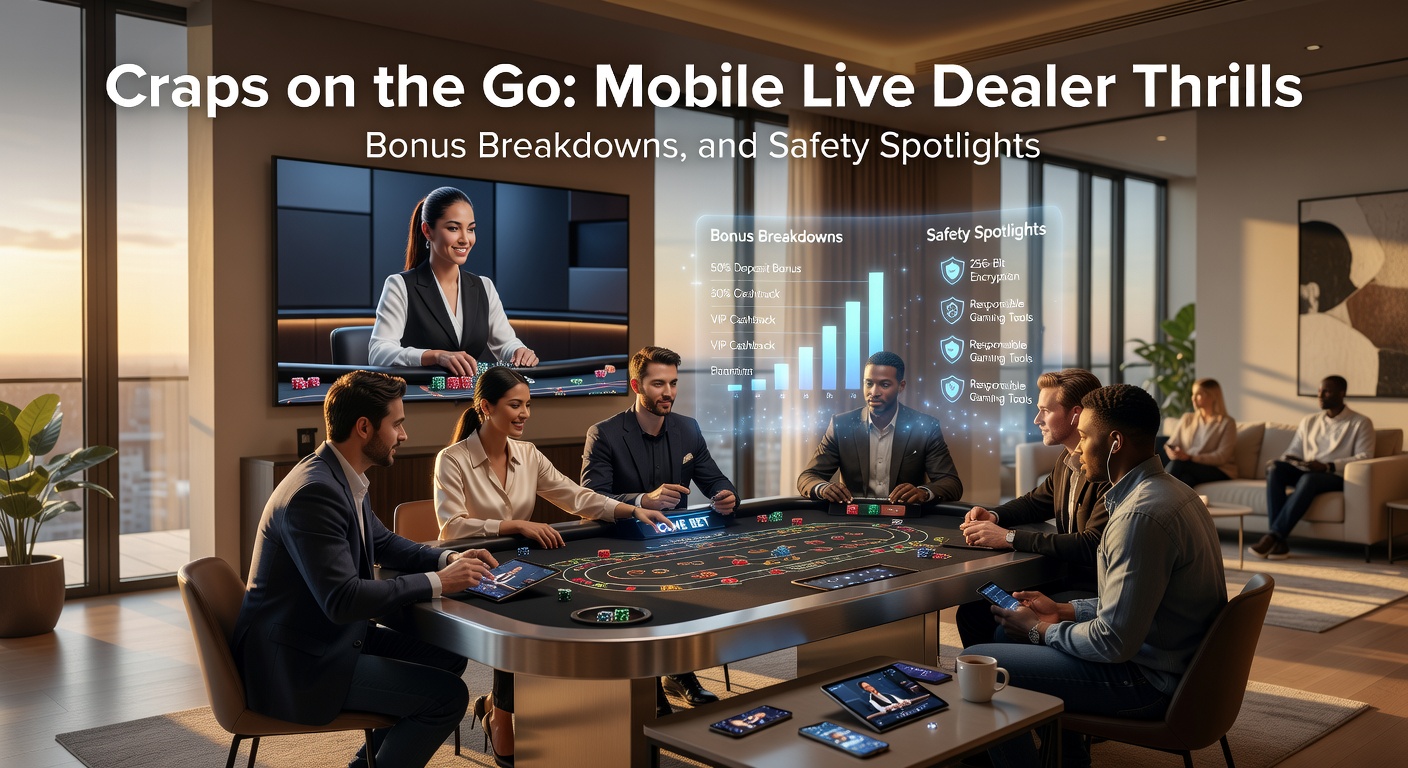 Mobile screen displaying live dealer craps table with dice rolling and chat interface active