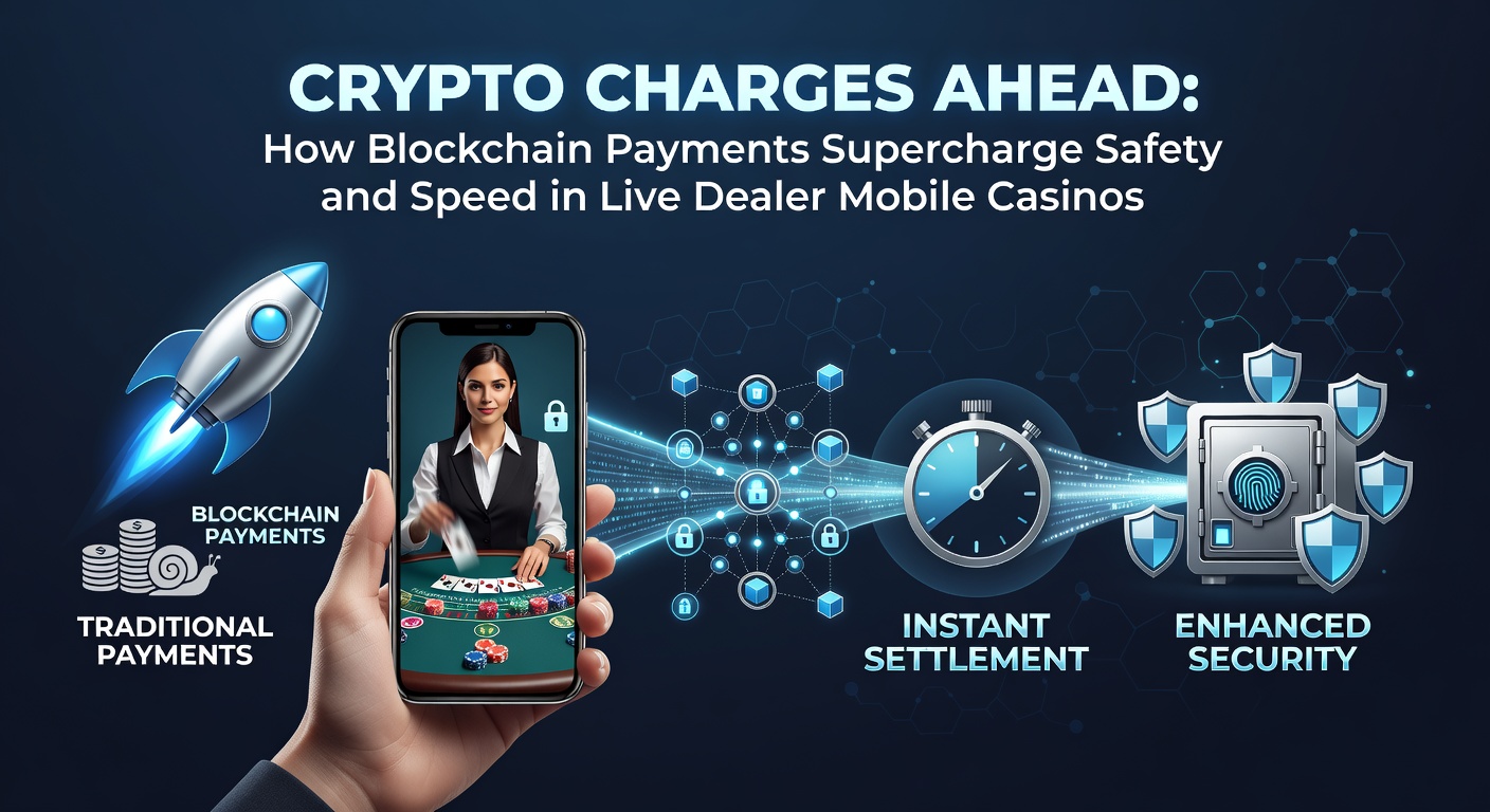 Live dealer at a mobile casino table dealing cards, with overlaid blockchain icons representing secure, speedy crypto deposits and withdrawals