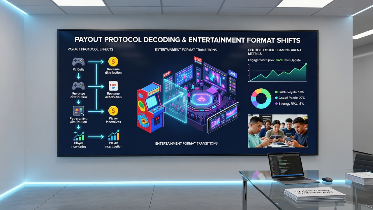 Analytics dashboard displaying payout protocol metrics and user transitions between mobile gaming formats