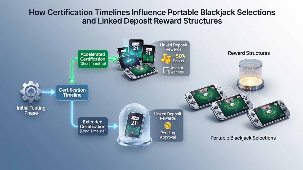 Certification process timeline for portable blackjack games showing testing stages and approval checkpoints