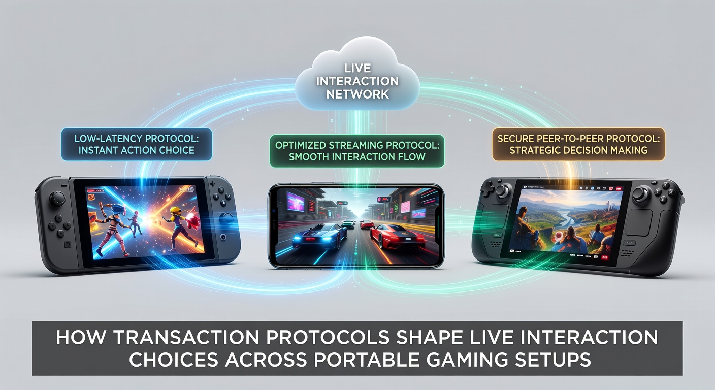 Portable gaming device displaying live interaction interface with transaction protocol indicators