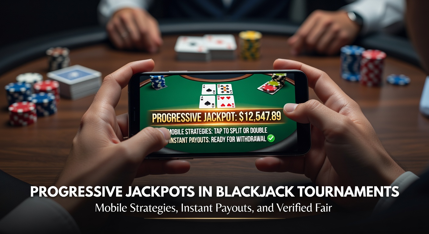 Close-up of a mobile screen showing a progressive jackpot meter nearing a massive payout during a blackjack tournament final, with instant payout options highlighted